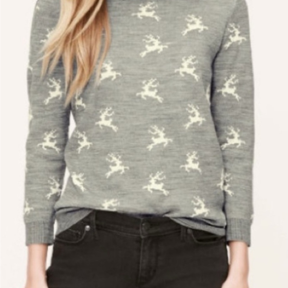LOFT Gray Sweater with Cream Reindeer Design